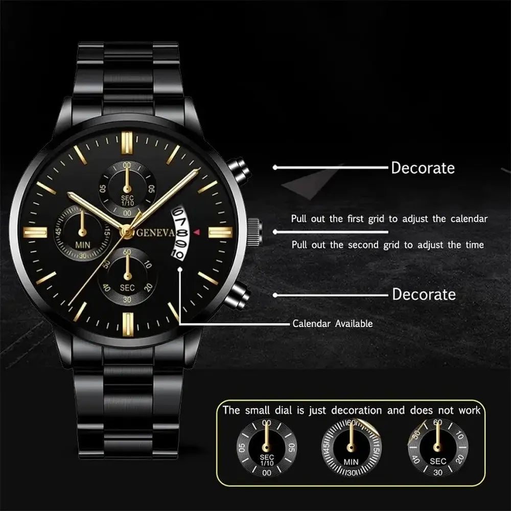 Men’s Black Stainless Steel Quartz Watch – Rexyle Nocturne Edition