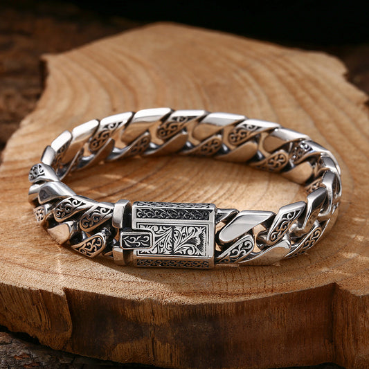 925 Sterling Silver Bracelet For Men Tangcao Pattern Cuban Men Thick Bracelet