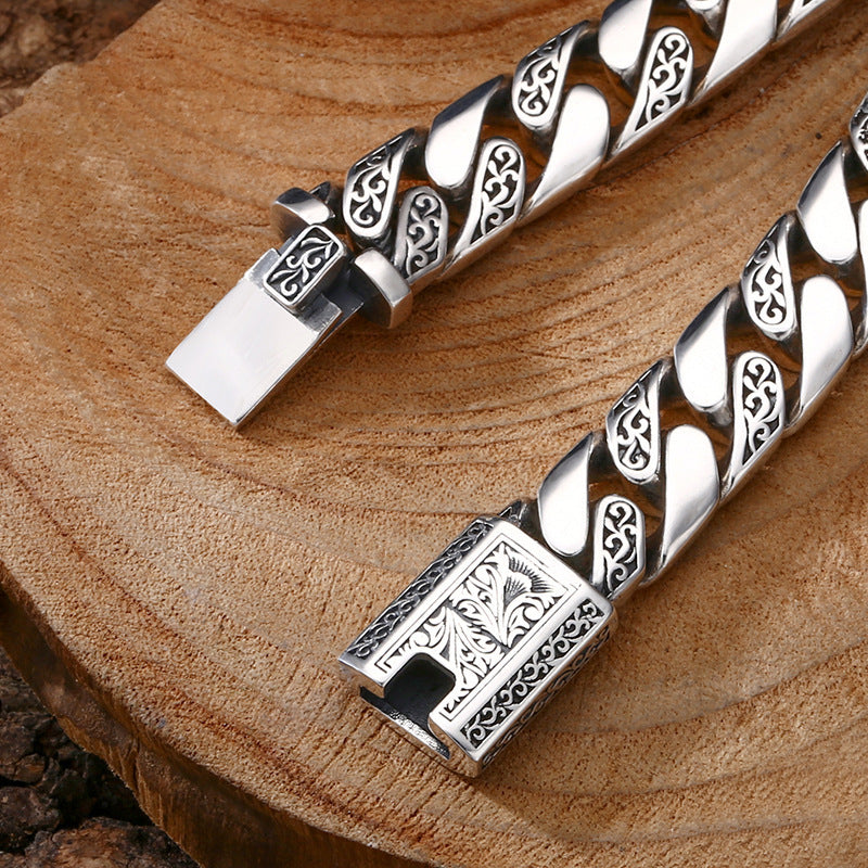 925 Sterling Silver Bracelet For Men Tangcao Pattern Cuban Men Thick Bracelet