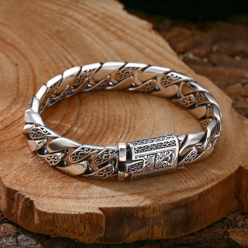 925 Sterling Silver Bracelet For Men Tangcao Pattern Cuban Men Thick Bracelet