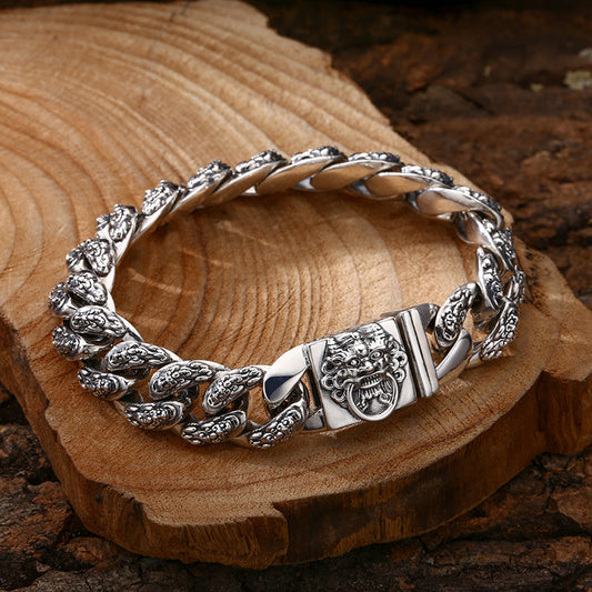 925 Sterling Silver Faucet Bracelet Money Drawing Pi Xiu Men's Thick Silver Vintage Distressed Trendy Unique Bracelet