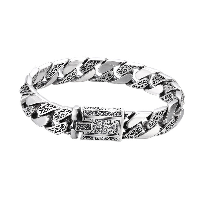 925 Sterling Silver Bracelet For Men Tangcao Pattern Cuban Men Thick Bracelet