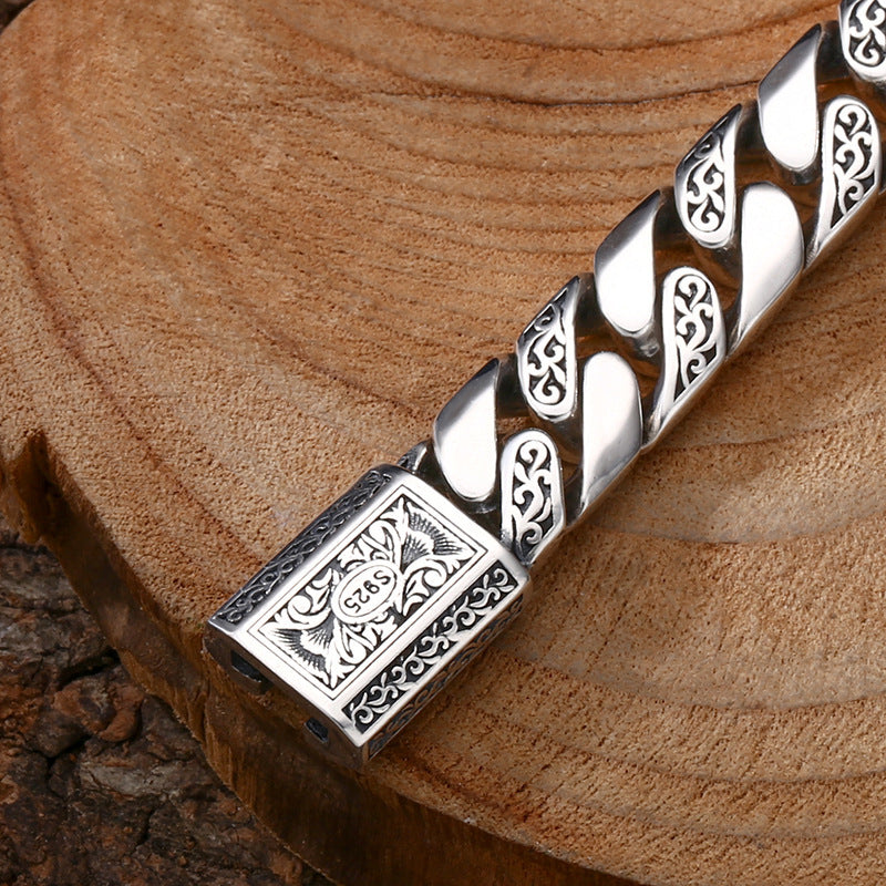 925 Sterling Silver Bracelet For Men Tangcao Pattern Cuban Men Thick Bracelet